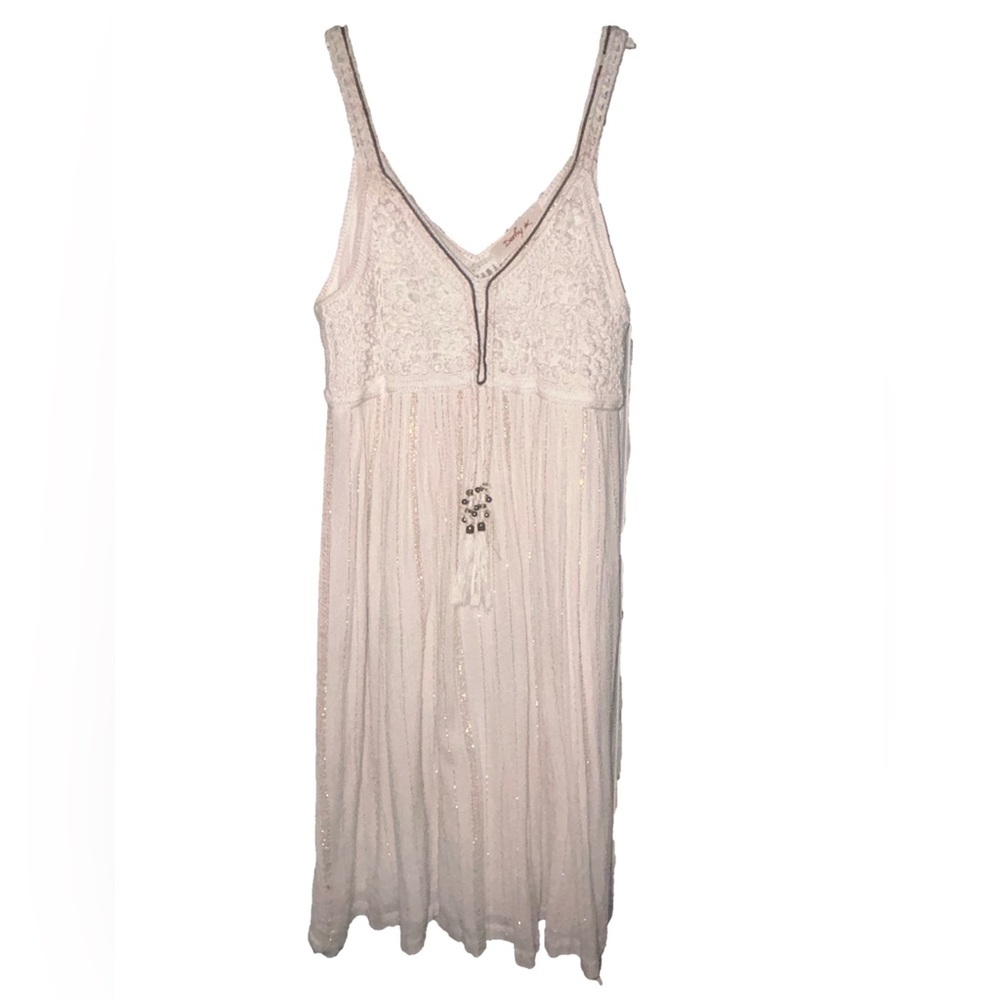 Rene K Derhy Beach Boho Sundress Floral Embroidered Gold Cream Medium Hippie